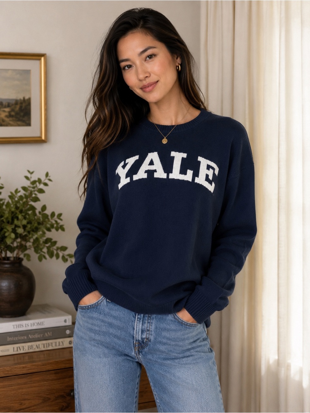 Yale Navy Crewneck Sweater - Classic Collegiate Knit - Unisex Large